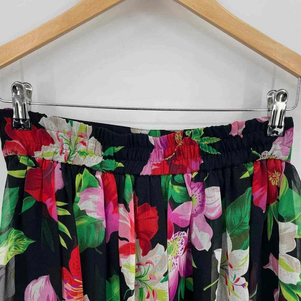 Vintage Gianni Petite Midi Skirt Women Medium‎ Black Floral Elastic Waist